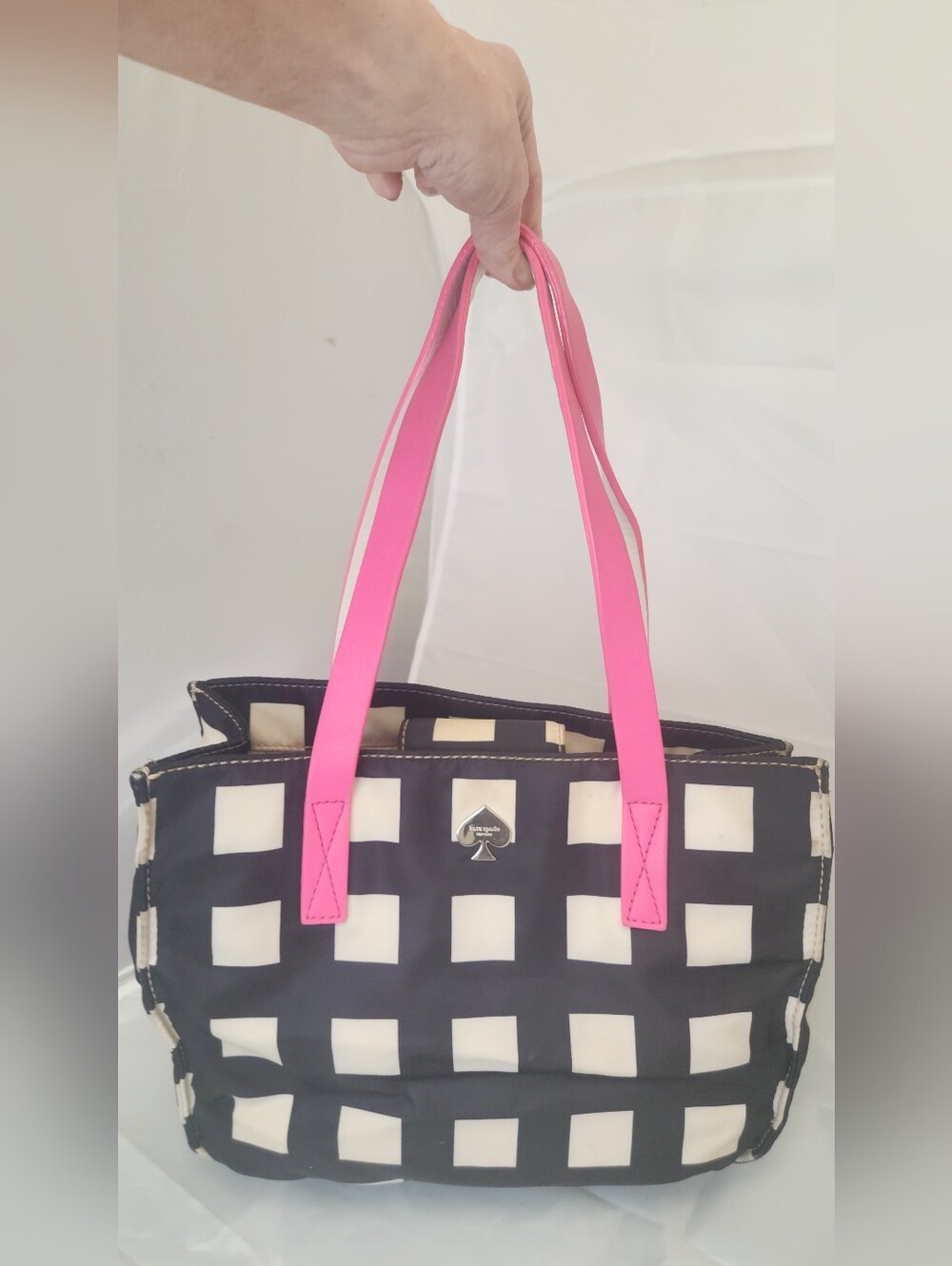 Kate Spade Tote Black & White Checkered Tote with Pink Handles UNIQUE!